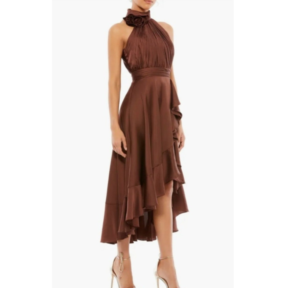 Mac Duggal Formal Tea-Length Dress 14 Cocoa Brown Asymmetric Pleated Ruffle NWT - Picture 2 of 16